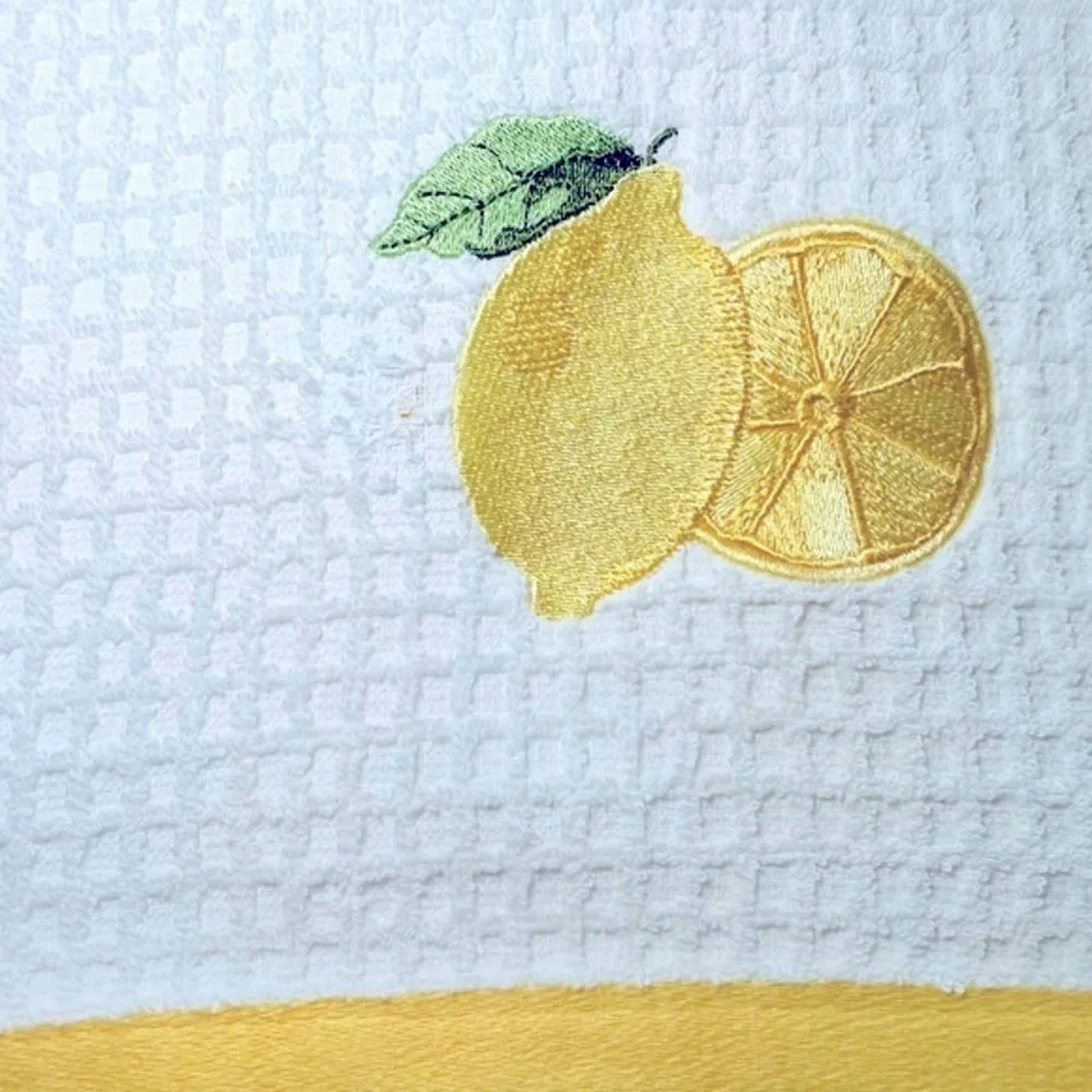 LA PATISSERIE Lemon Kitchen Towel Pot Holder Set Turkish Cotton Waffle White 2Pc